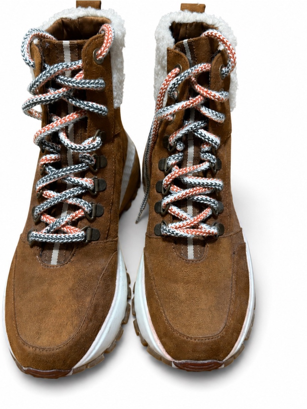 Kensie Brown Suede Lace-Up Faux Shearling Boots with Multicolor Laces